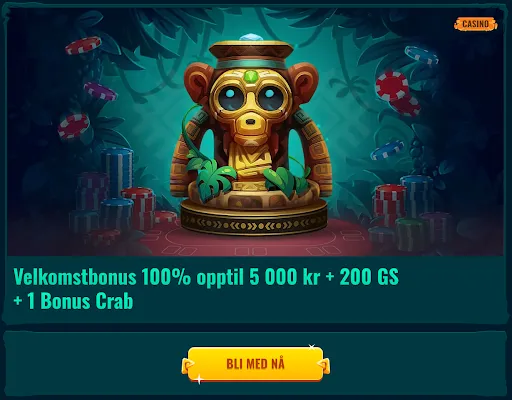 Spinanga velkomstbonus: 100 % opptil 5 000 kr + 200 gratis spinn + Bonus Crab Gullfarget apeidol omgitt av pokerchips med tekst om velkomstbonus 100 % opptil 5 000 kr + 200 gratisspinn + 1 Bonus Crab
