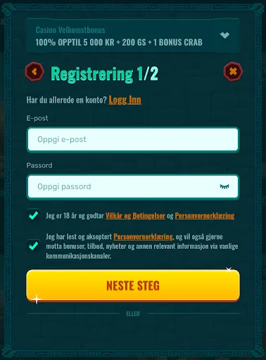 Registrering 1/2 – Spinanga Spinanga-registreringsskjema trinn 1 av 2 med e-post- og passordfelt