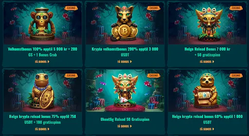 Velkomstbonus 100% opptil 5 000 kr + 200 GS + 1 Bonus Crab Velkomstbonus 100% opptil 5 000 kr + 200 GS + 1 Bonus Crab