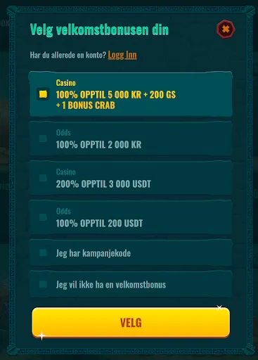 Velg velkomstbonus – Odds eller Casino Spinanga-popup for valg av velkomstbonus med alternativer for Odds 100 % opptil 2 000 kr, Casino 100 % opptil 5 000 kr + 200 GS + 1 Bonus Crab, kampanjekode eller uten bonus