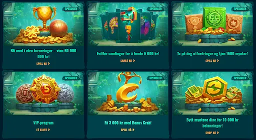 Spinanga spesialtilbud – turneringer, samlinger, utfordringer, VIP, Bonus Crab & myntbytte Spinanga spesialkampanjer: turneringer, samlinger, utfordringer, VIP-program, Bonus Crab og myntbytte