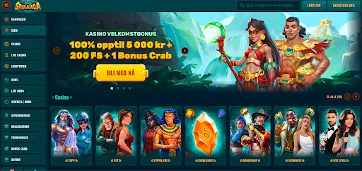 Spinanga – Casino og oddsplattform Spinanga hjemmeside med velkomstbonusbanner og spillkategorier