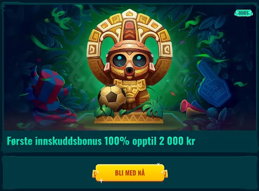 Første innskuddsbonus 100 % opptil 2 000 kr – Bli med nå! Gylden apefigur med fotball og teksten «Første innskuddsbonus 100 % opptil 2 000 kr» over gult «BLI MED NÅ»-knapp